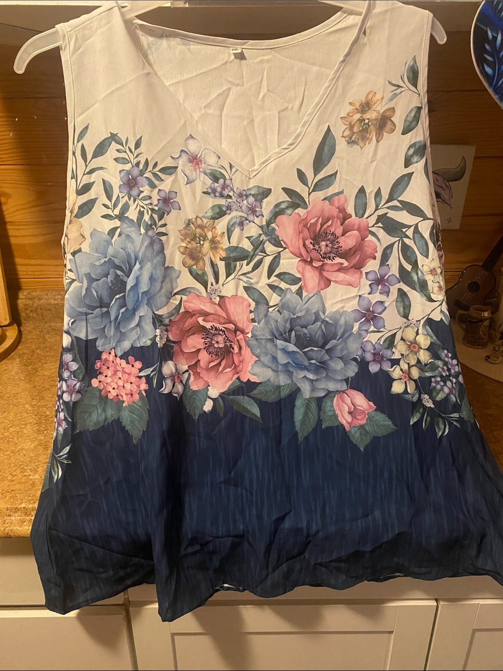 Sleeveless Floral Ombre V-Neck Blouse in White, Blue & Pink